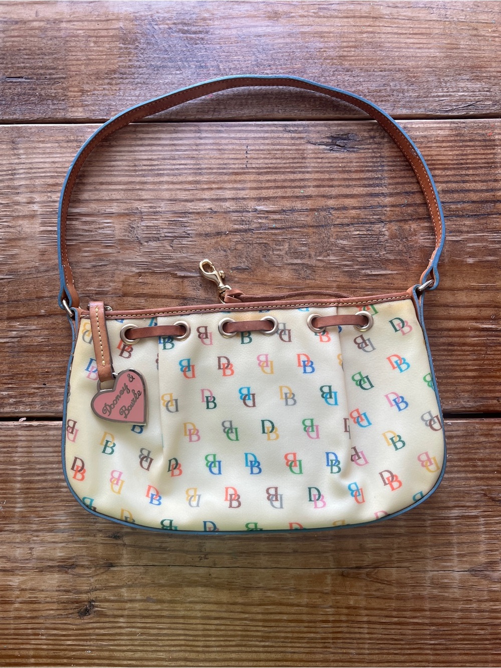 Dooney & Bourke Cream Multicolor DB Logo Drawstring Shoulder Bag - Picture 2 of 11